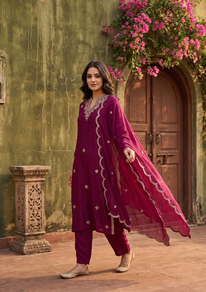 Wine Soft Raw Silk Threadwork Straight Kurta With Pant Regular And Dupatta