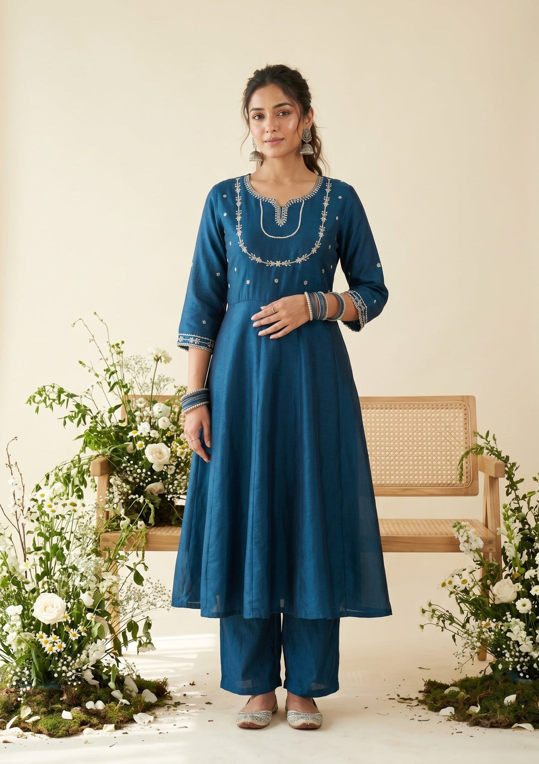 Blue Zariwork (Gold) Soft Raw Silk Readymade Salwar Suit