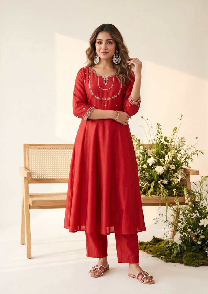 Rust Zariwork (Gold) Soft Raw Silk Readymade Salwar Suit