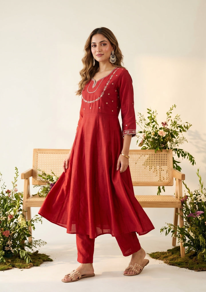 Rust Zariwork (Gold) Soft Raw Silk Readymade Salwar Suit