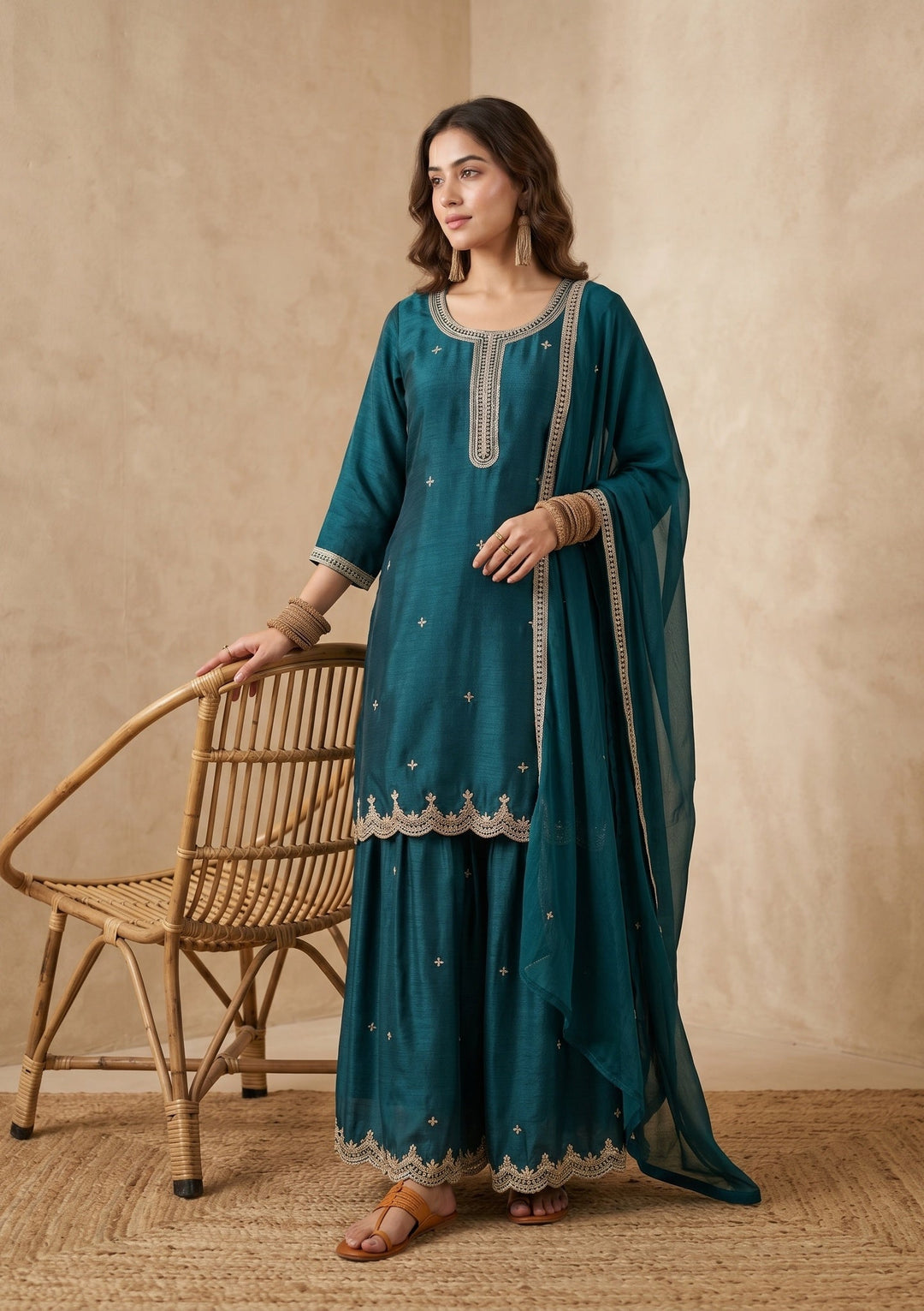 Teal Green Zariwork (Gold) Chinon Readymade Salwar Suit