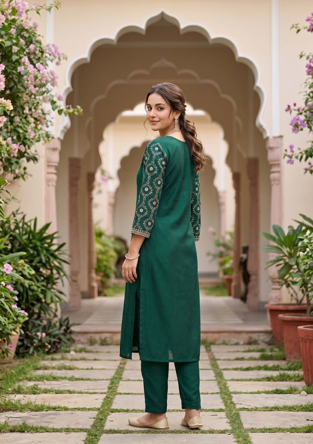 Bottle Green Soft Raw Silk Threadwork Anarkali Kurta With Regular Pant And Dupatta