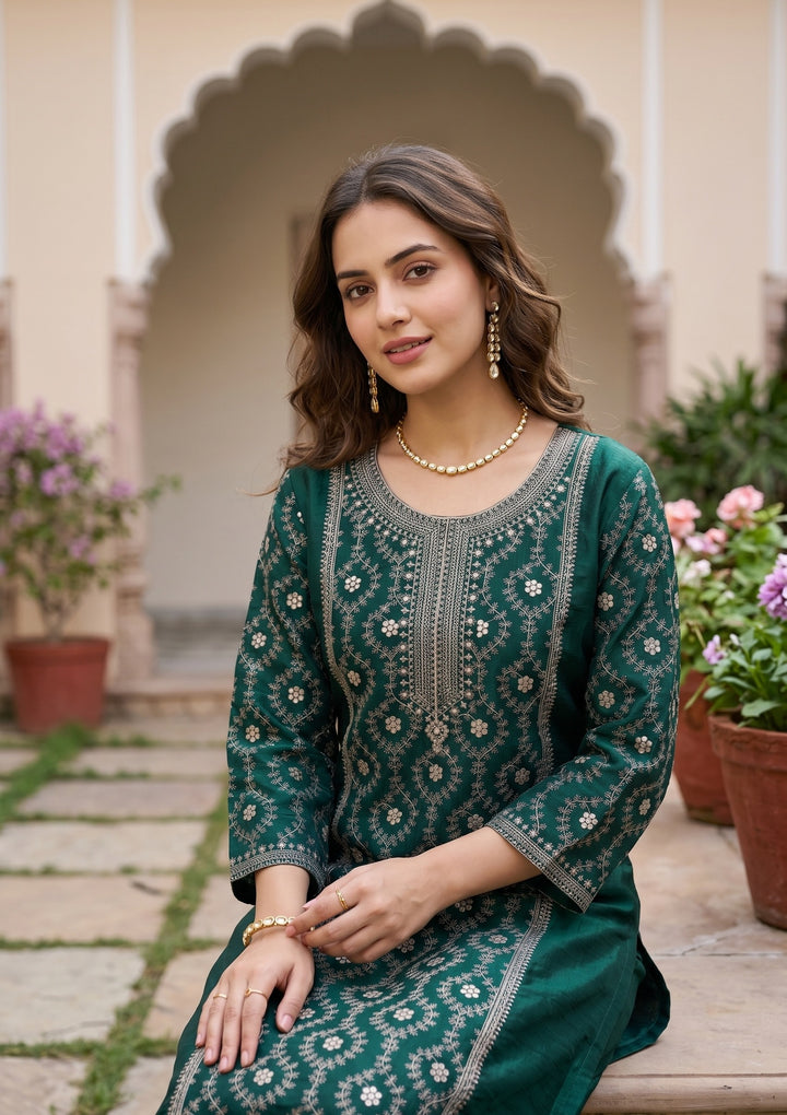Bottle Green Soft Raw Silk Threadwork Anarkali Kurta With Regular Pant And Dupatta