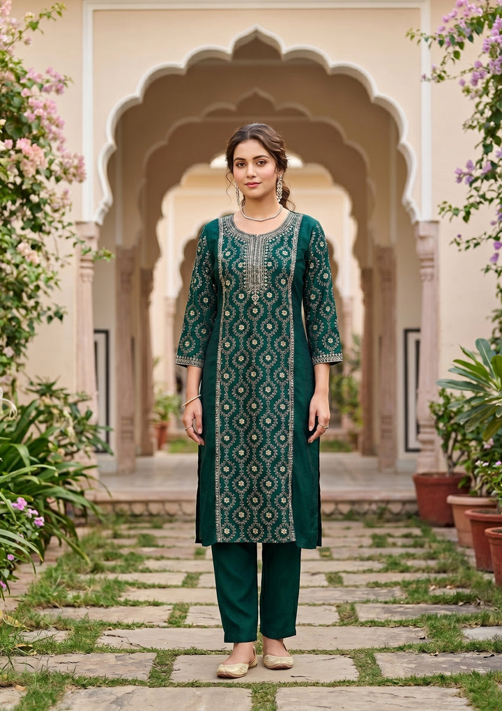 Bottle Green Soft Raw Silk Threadwork Anarkali Kurta With Regular Pant And Dupatta