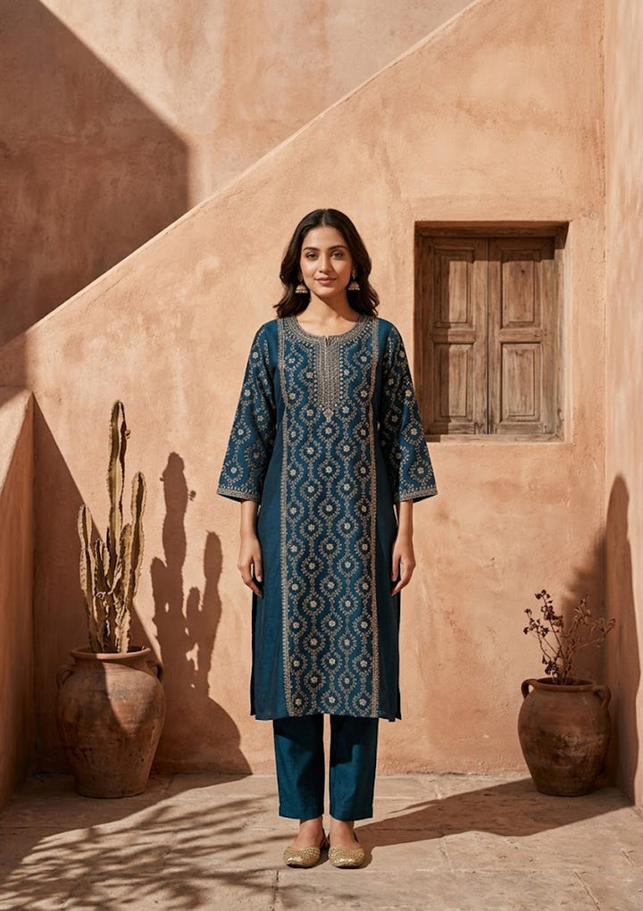 Navy Blue Threadwork Soft Raw Silk Readymade Salwar Suit