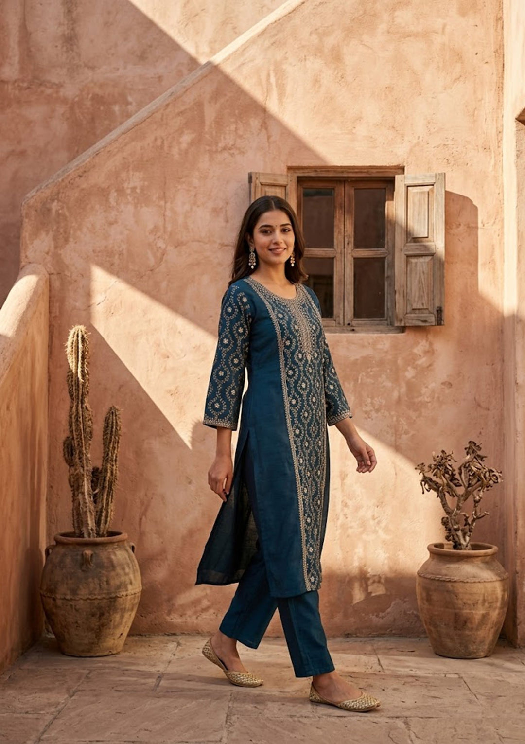 Navy Blue Threadwork Soft Raw Silk Readymade Salwar Suit