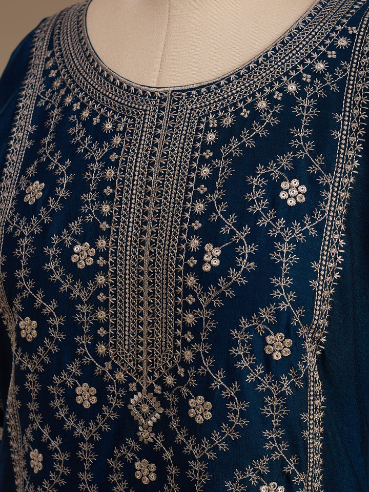 Navy Blue Threadwork Soft Raw Silk Readymade Salwar Suit