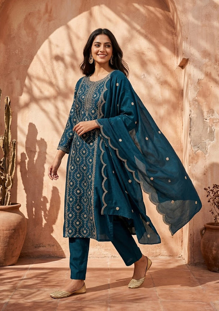 Navy Blue Threadwork Soft Raw Silk Readymade Salwar Suit
