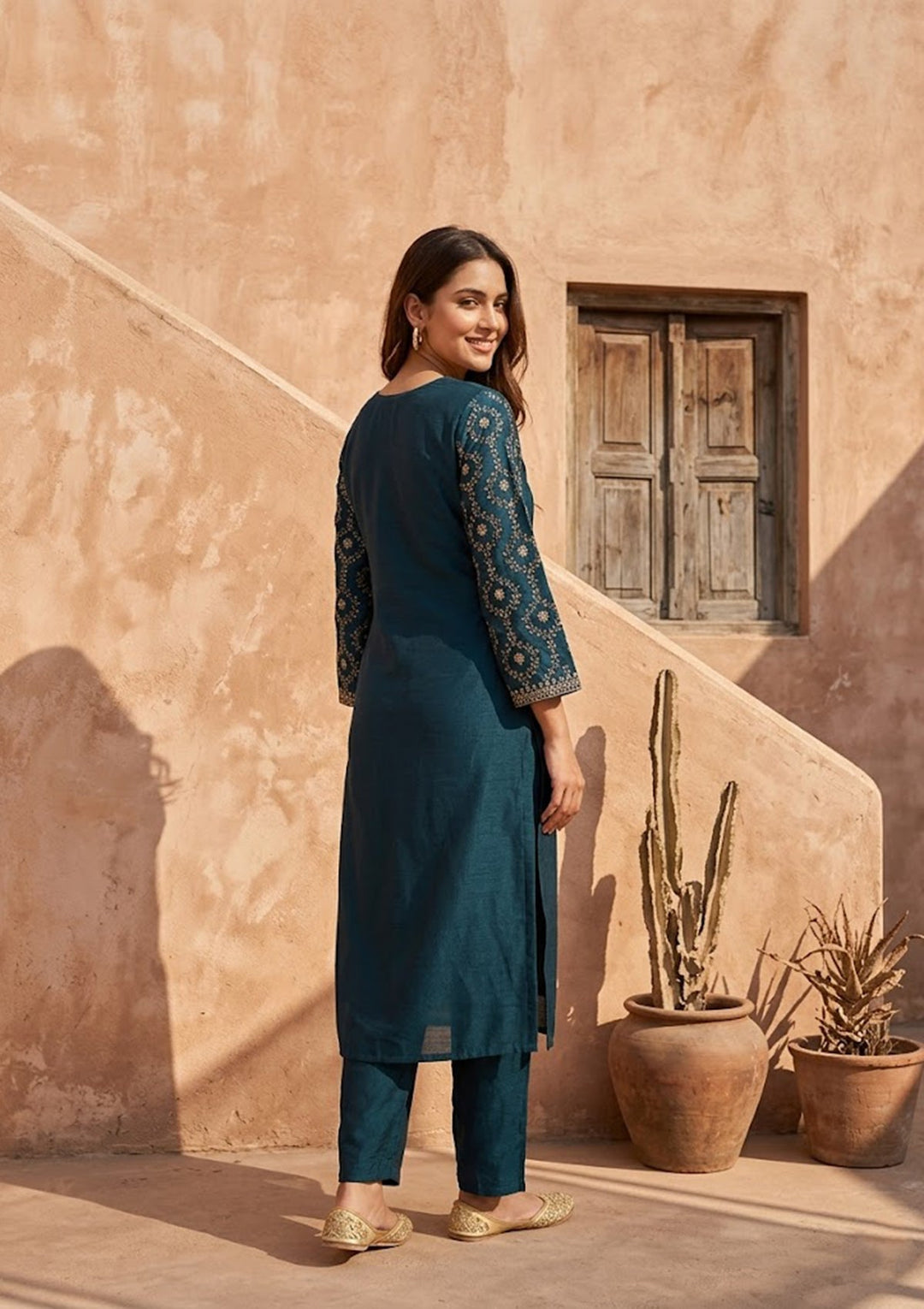 Navy Blue Threadwork Soft Raw Silk Readymade Salwar Suit