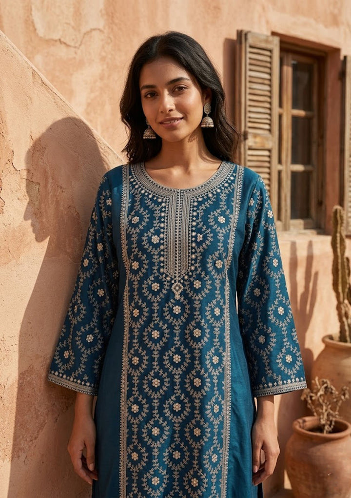 Navy Blue Threadwork Soft Raw Silk Readymade Salwar Suit