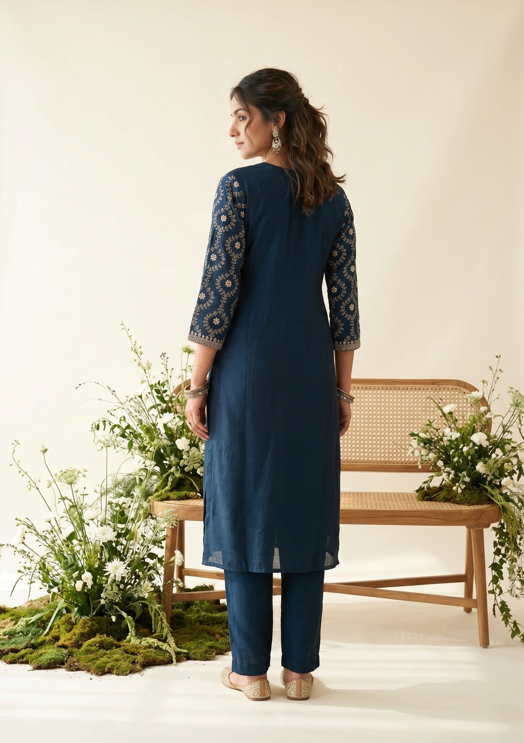 Navy Blue Soft Raw Silk Threadwork Anarkali Kurta With Regular Pant And Dupatta