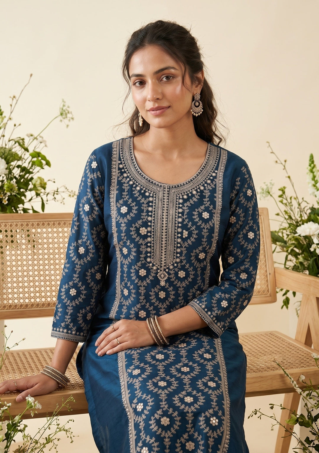 Navy Blue Soft Raw Silk Threadwork Anarkali Kurta With Regular Pant And Dupatta