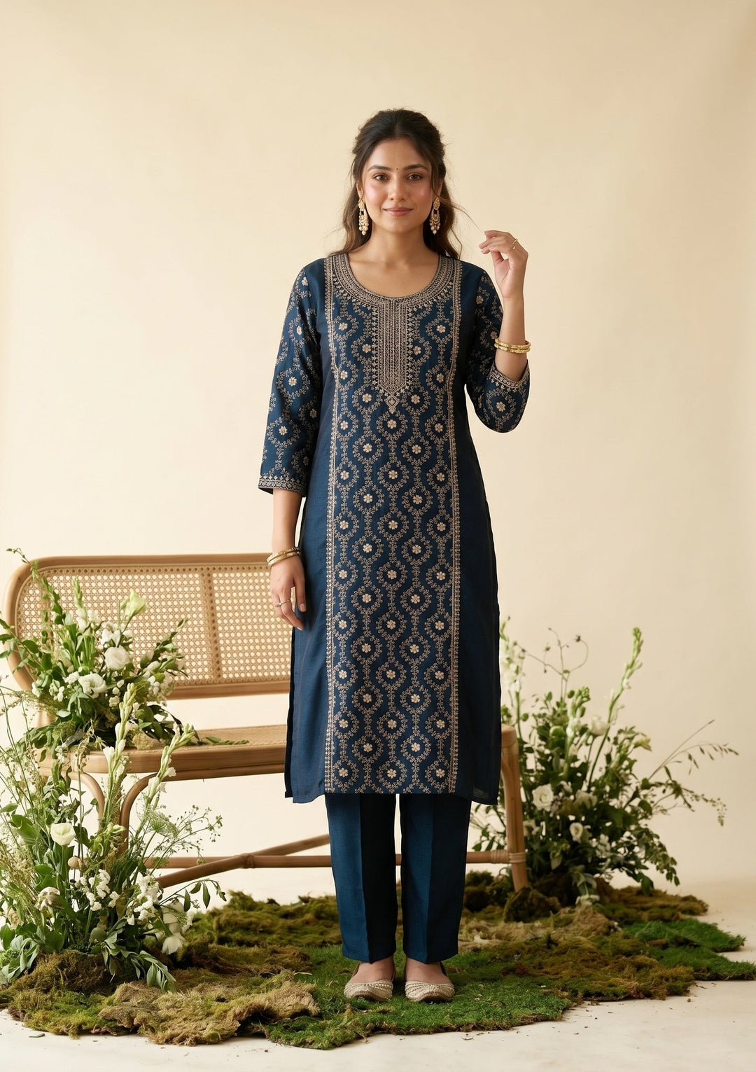 Navy Blue Soft Raw Silk Threadwork Anarkali Kurta With Regular Pant And Dupatta