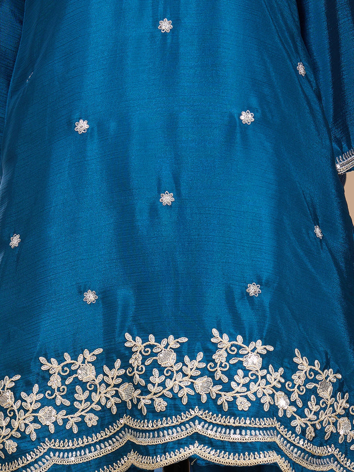 Peacock Blue Zariwork (Gold) Chinon Readymade Salwar Suit