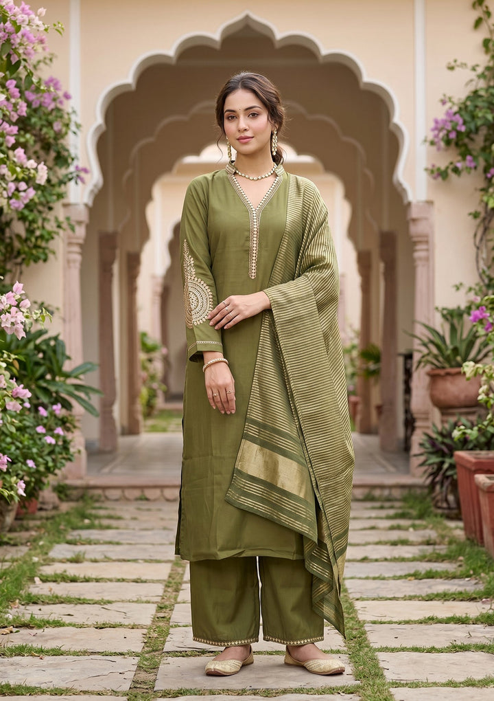 Mehendi Cording Art Silk Readymade Salwar Suit