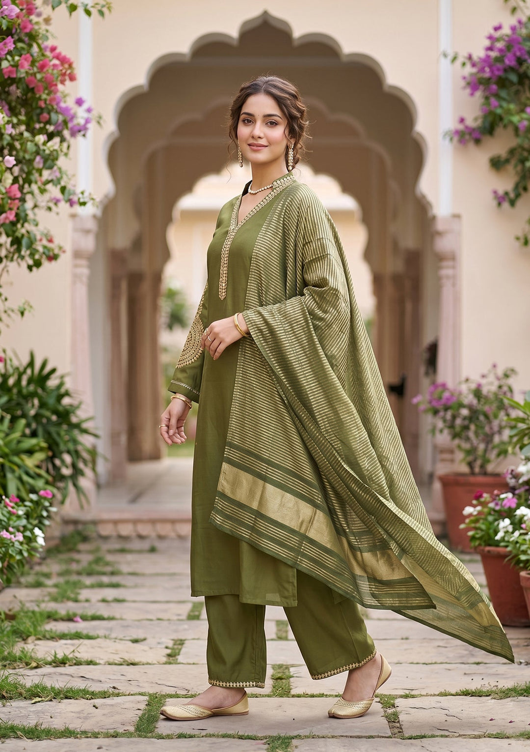 Mehendi Cording Art Silk Readymade Salwar Suit