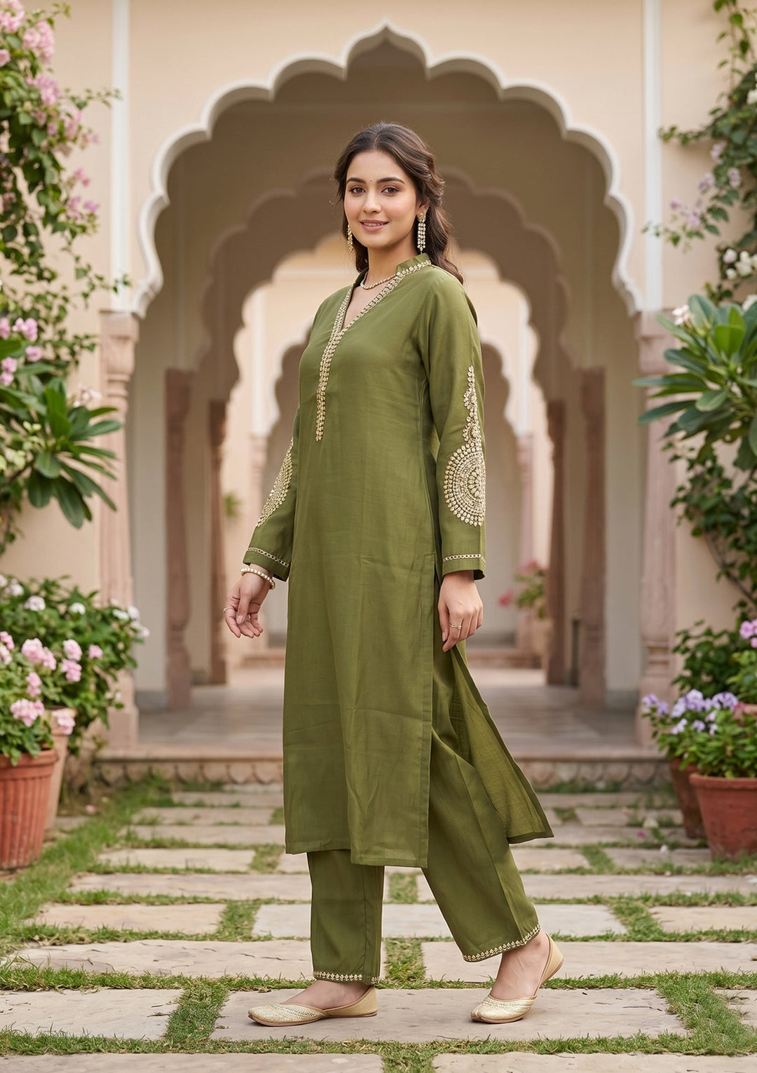 Mehendi Cording Art Silk Readymade Salwar Suit