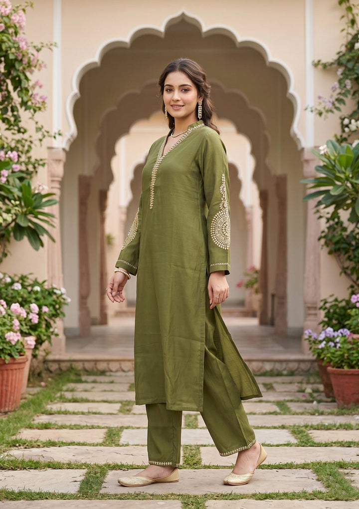 Mehendi Cording Art Silk Readymade Salwar Suit