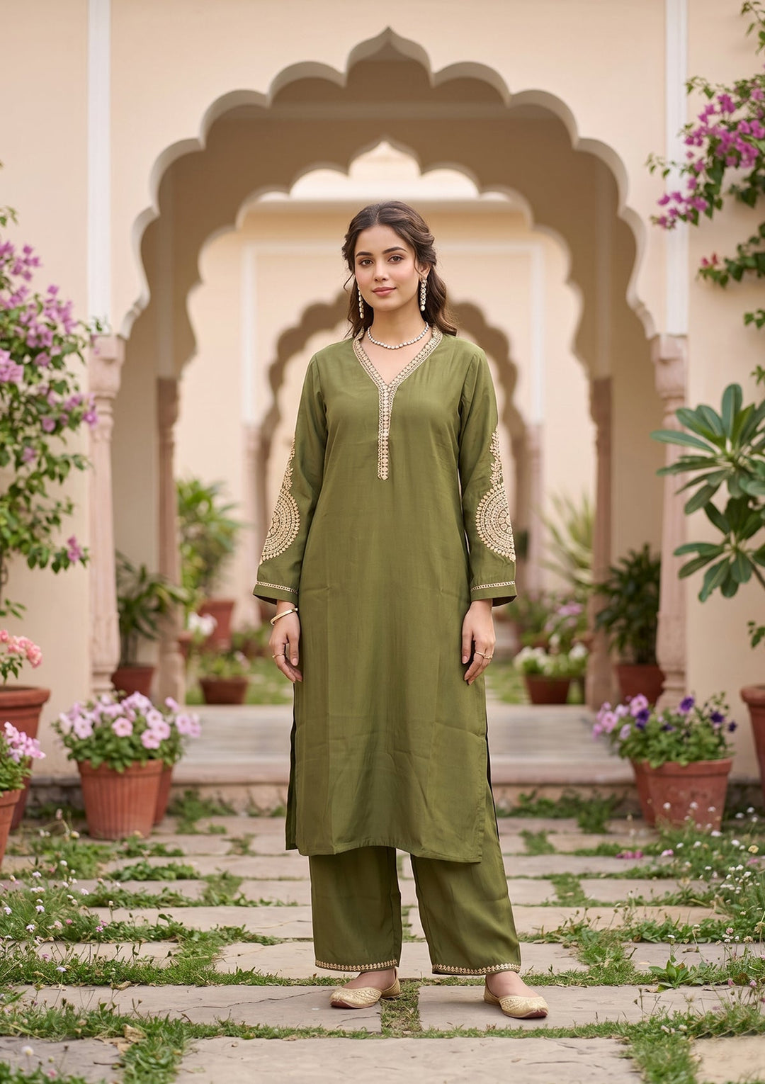 Mehendi Cording Art Silk Readymade Salwar Suit
