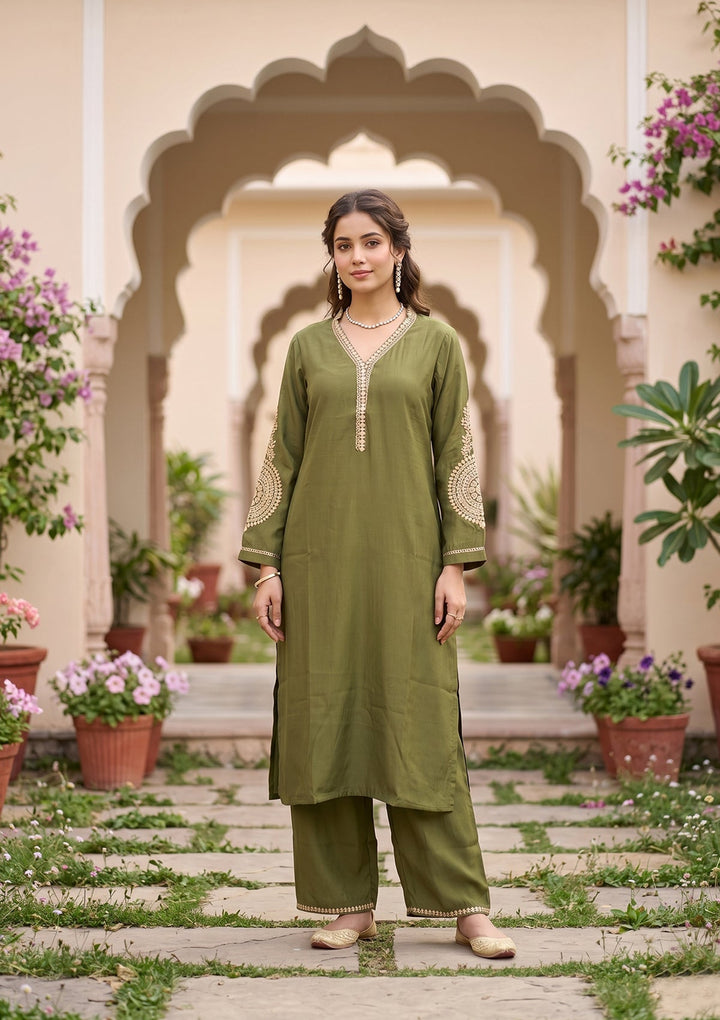 Mehendi Cording Art Silk Readymade Salwar Suit