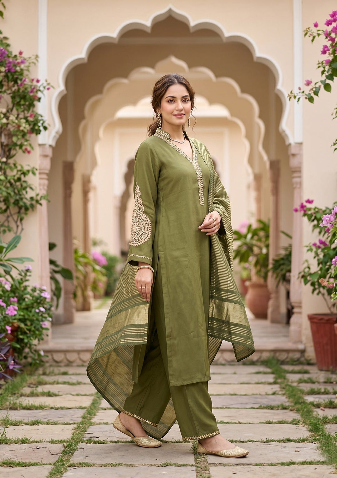 Mehendi Cording Art Silk Readymade Salwar Suit