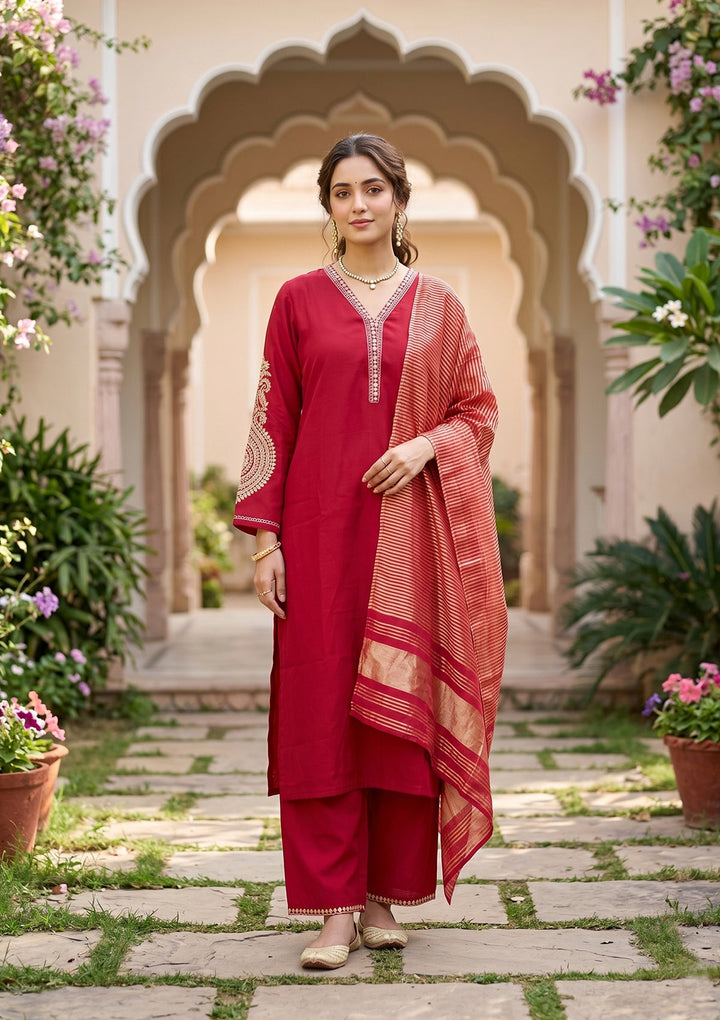 Red Cording Art Silk Readymade Salwar Suit