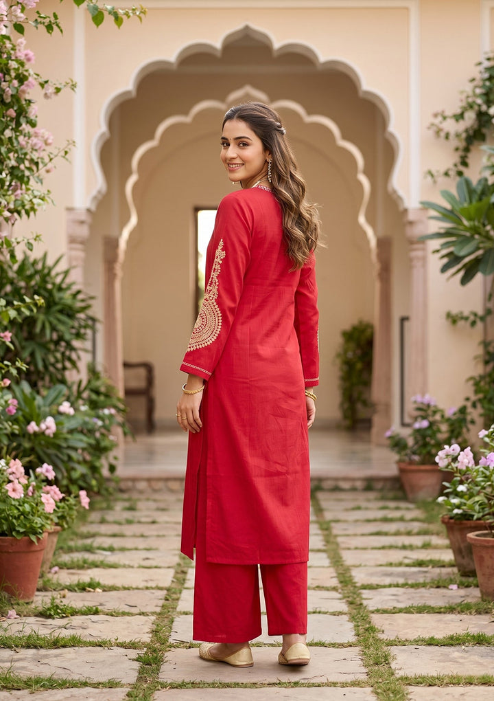 Red Cording Art Silk Readymade Salwar Suit