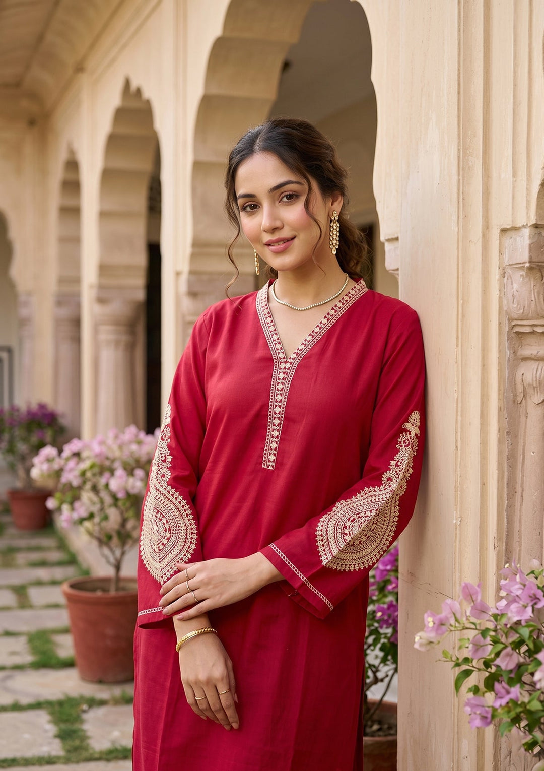 Red Cording Art Silk Readymade Salwar Suit