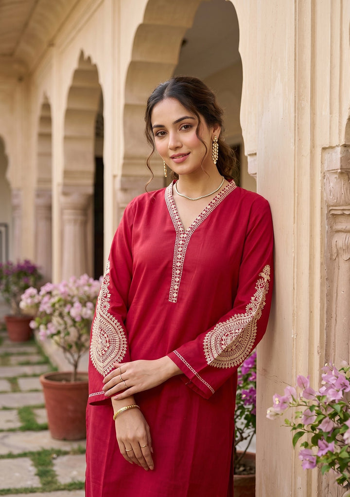 Red Cording Art Silk Readymade Salwar Suit