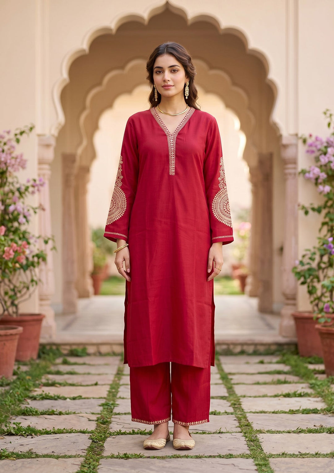 Red Cording Art Silk Readymade Salwar Suit