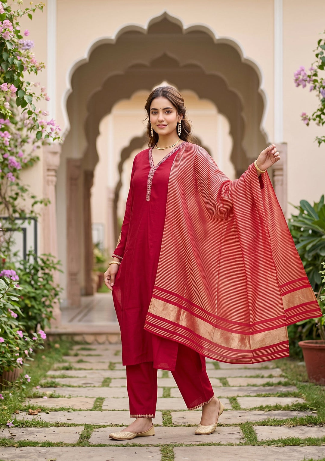 Red Cording Art Silk Readymade Salwar Suit