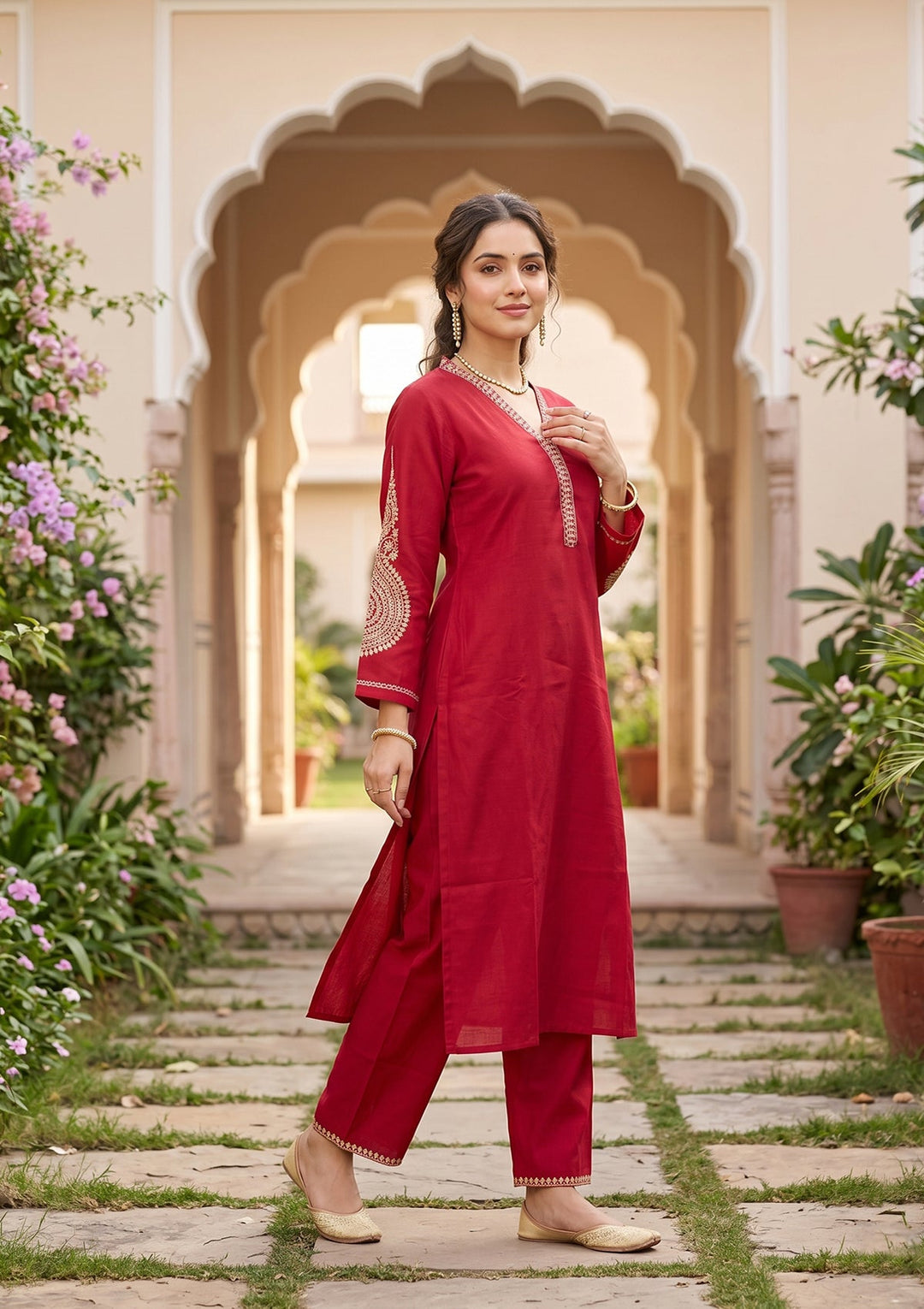 Red Cording Art Silk Readymade Salwar Suit