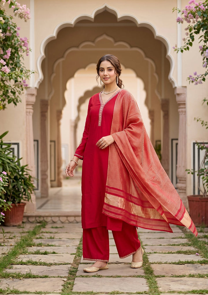Red Cording Art Silk Readymade Salwar Suit