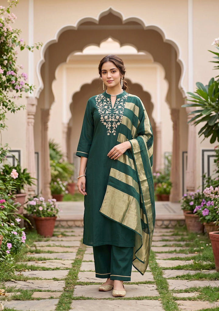 Bottle Green Cording Art Silk Readymade Salwar Suit