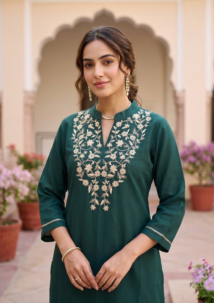 Bottle Green Cording Art Silk Readymade Salwar Suit