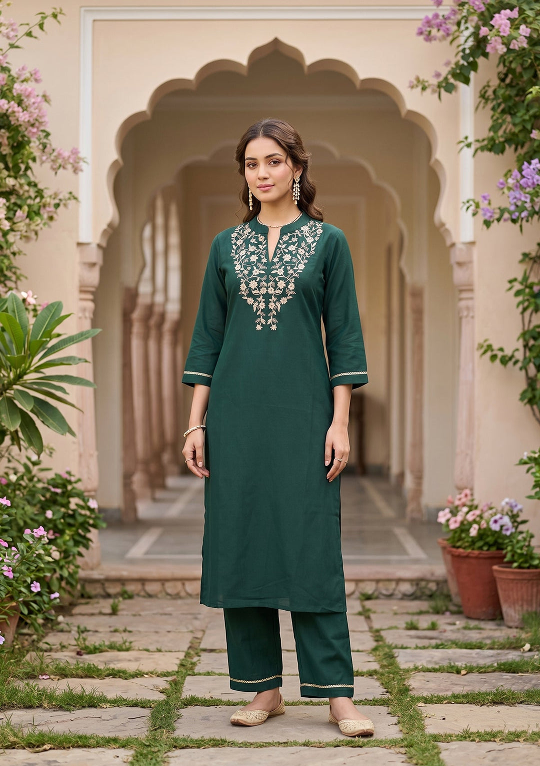 Bottle Green Cording Art Silk Readymade Salwar Suit