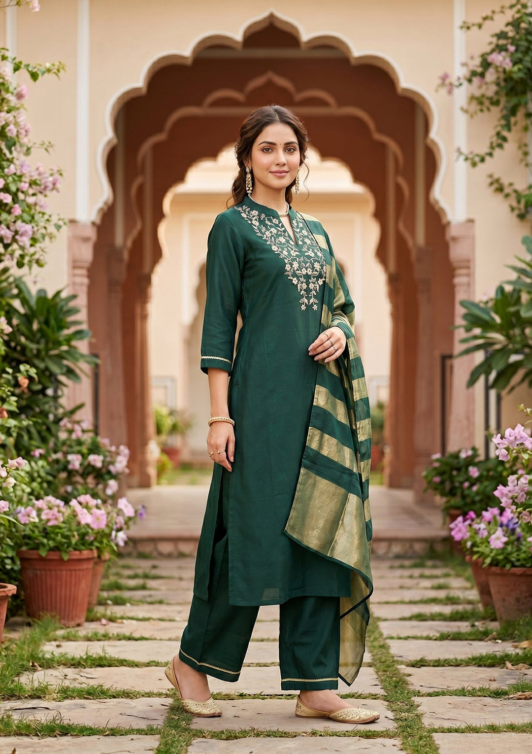 Bottle Green Cording Art Silk Readymade Salwar Suit