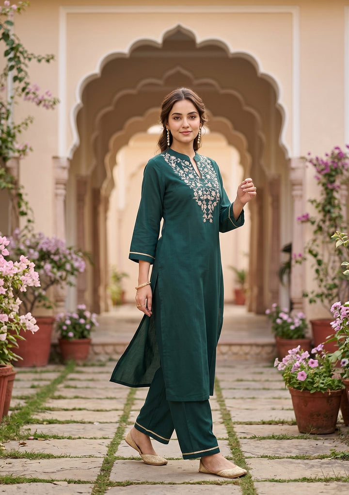 Bottle Green Cording Art Silk Readymade Salwar Suit