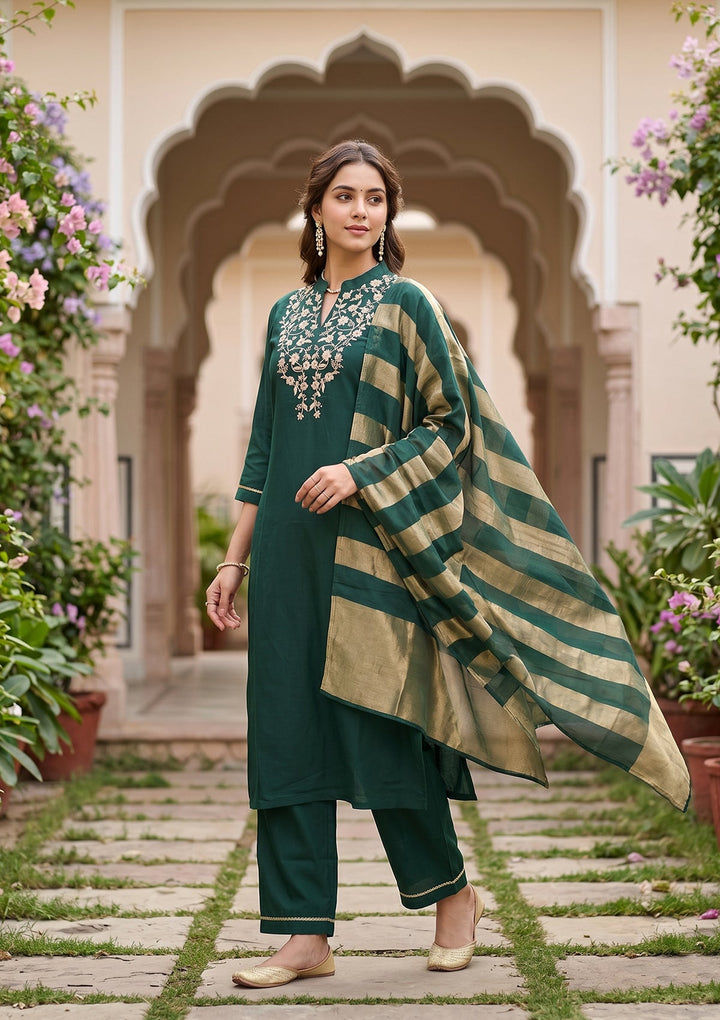 Bottle Green Cording Art Silk Readymade Salwar Suit