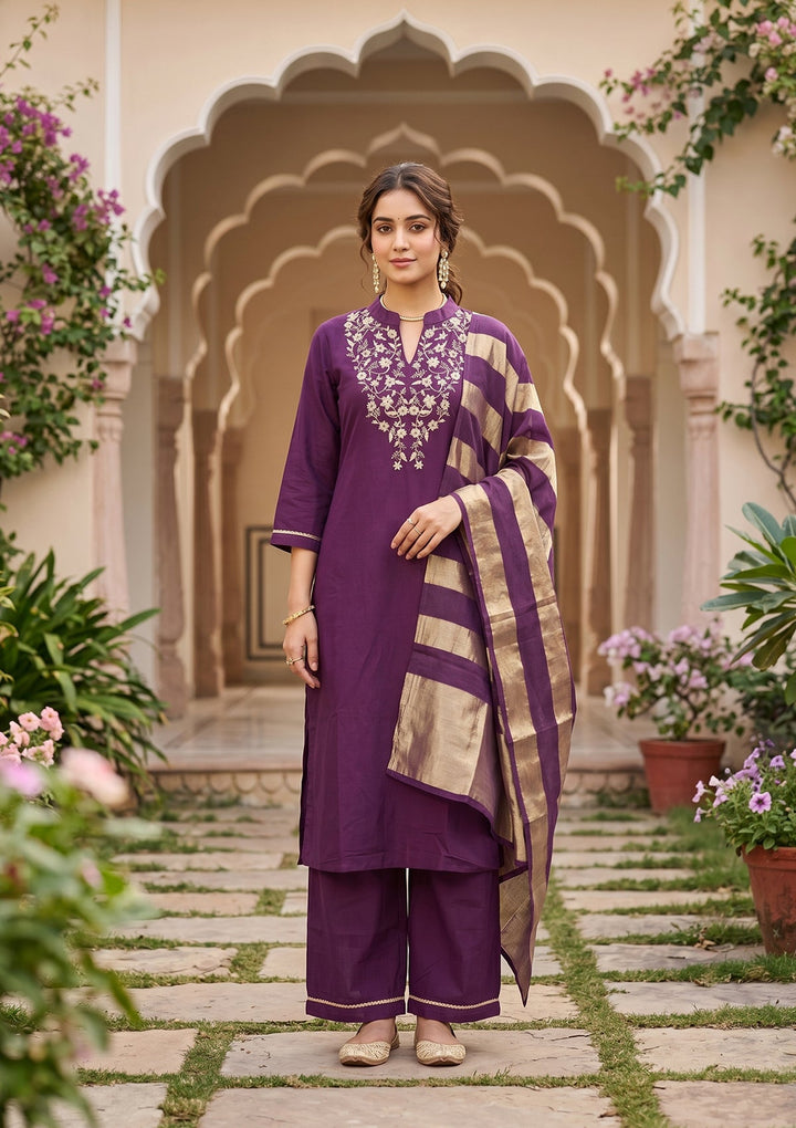 Purple Cording Art Silk Readymade Salwar Suit