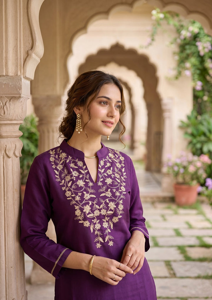 Purple Cording Art Silk Readymade Salwar Suit