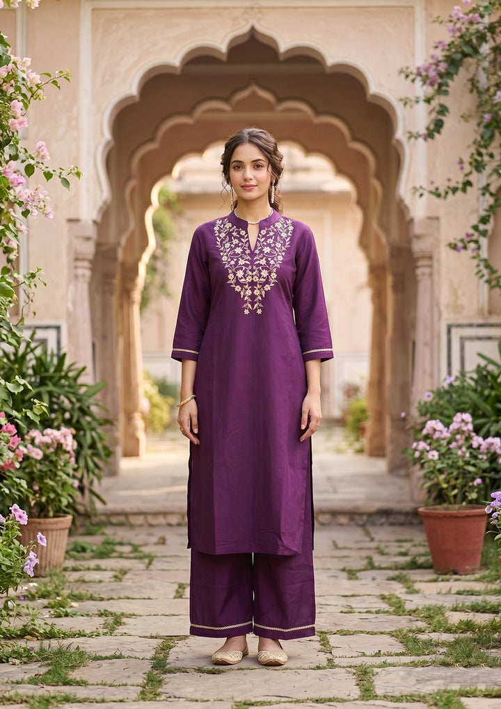 Purple Cording Art Silk Readymade Salwar Suit