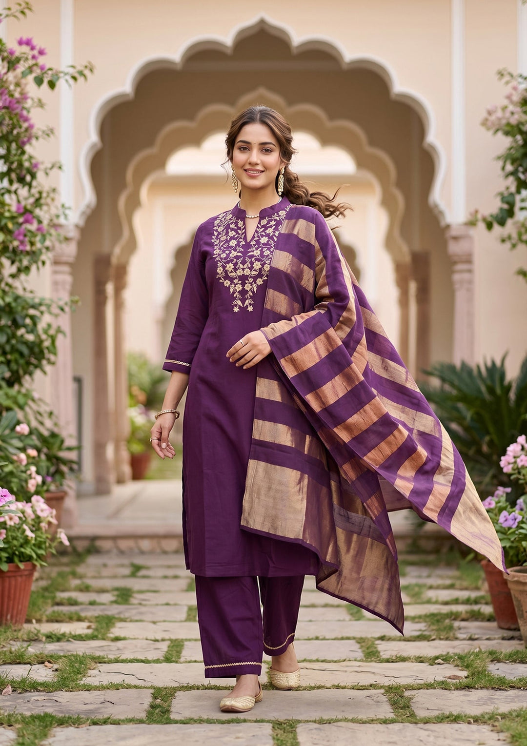 Purple Cording Art Silk Readymade Salwar Suit