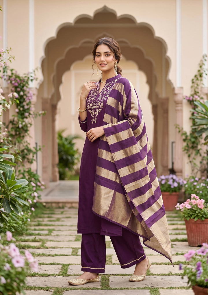 Purple Cording Art Silk Readymade Salwar Suit