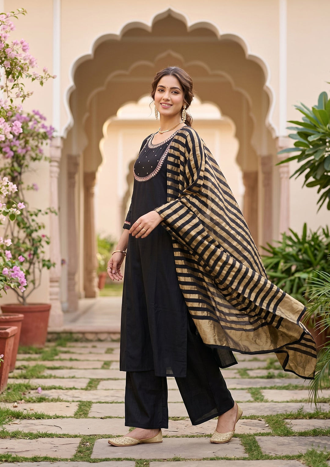 Black Art Silk Cording A Line Kurta With Pant Regular And Dupatta