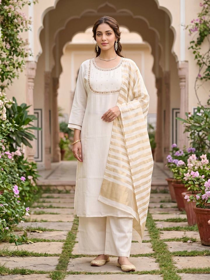 Off White Cording Art Silk Readymade Salwar Suit