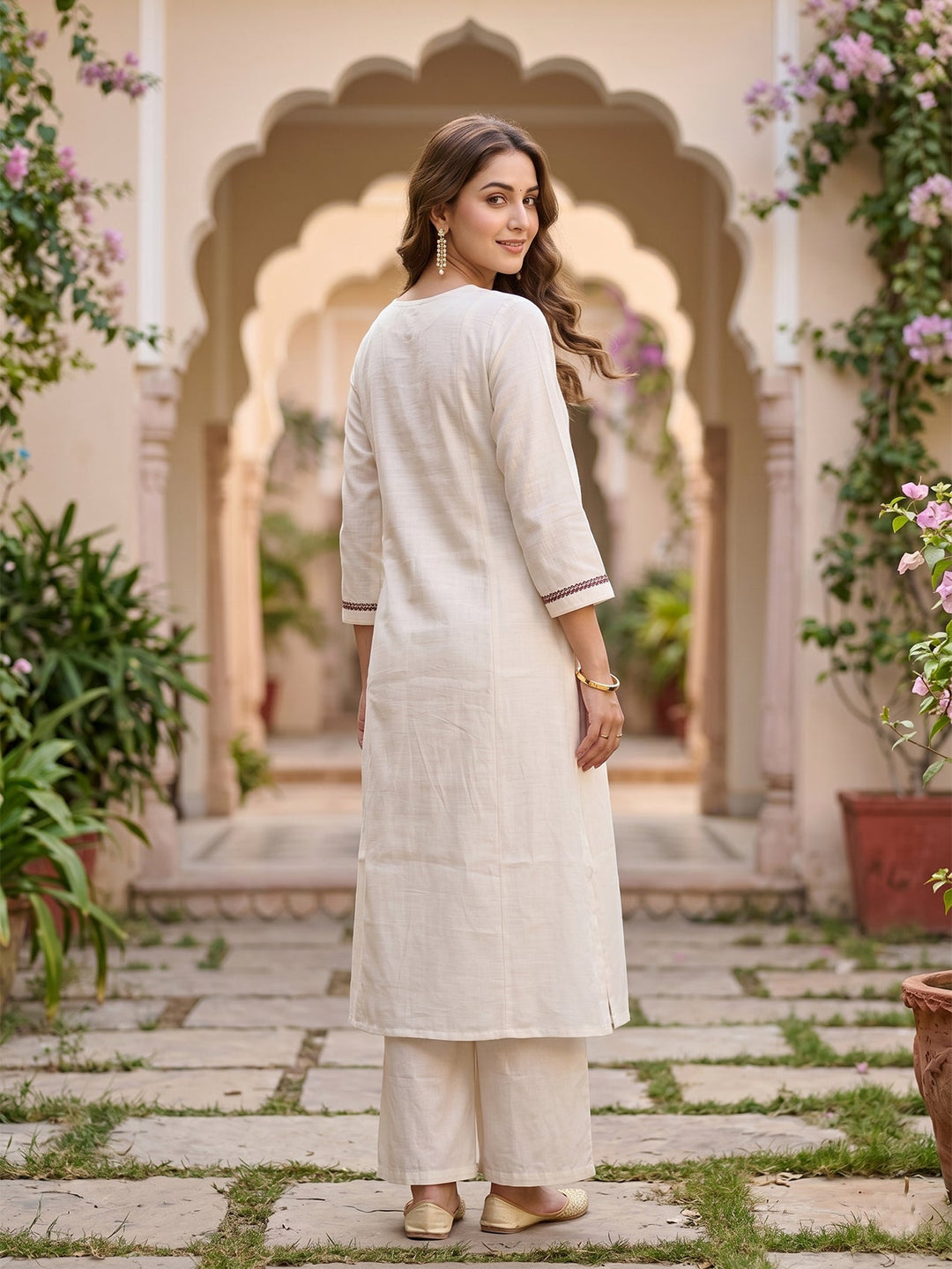 Off White Cording Art Silk Readymade Salwar Suit