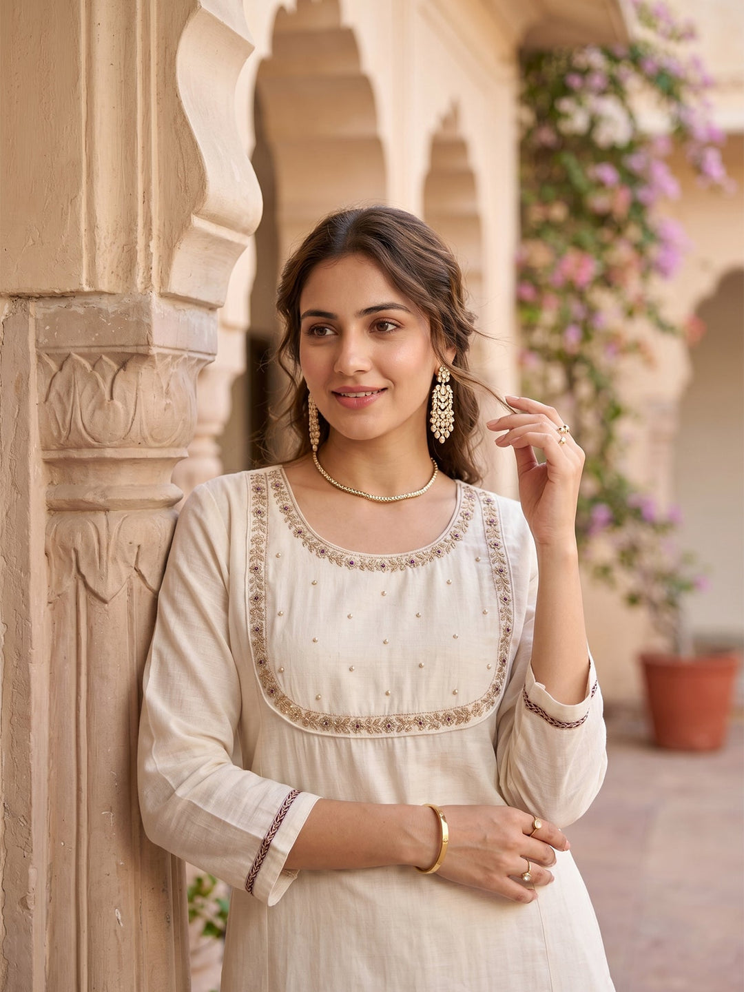 Off White Cording Art Silk Readymade Salwar Suit