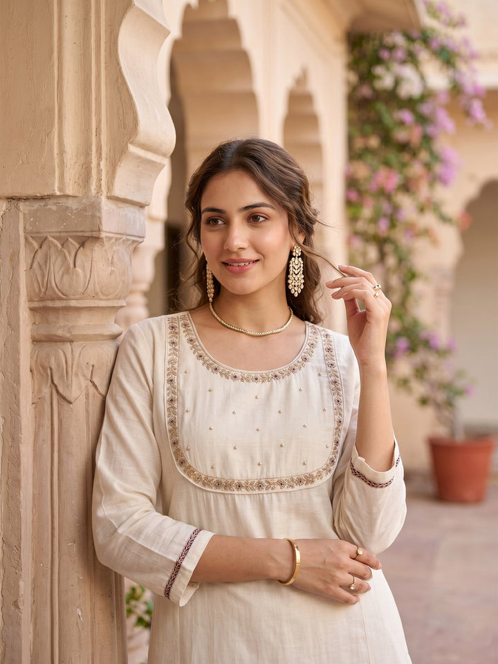 Off White Cording Art Silk Readymade Salwar Suit