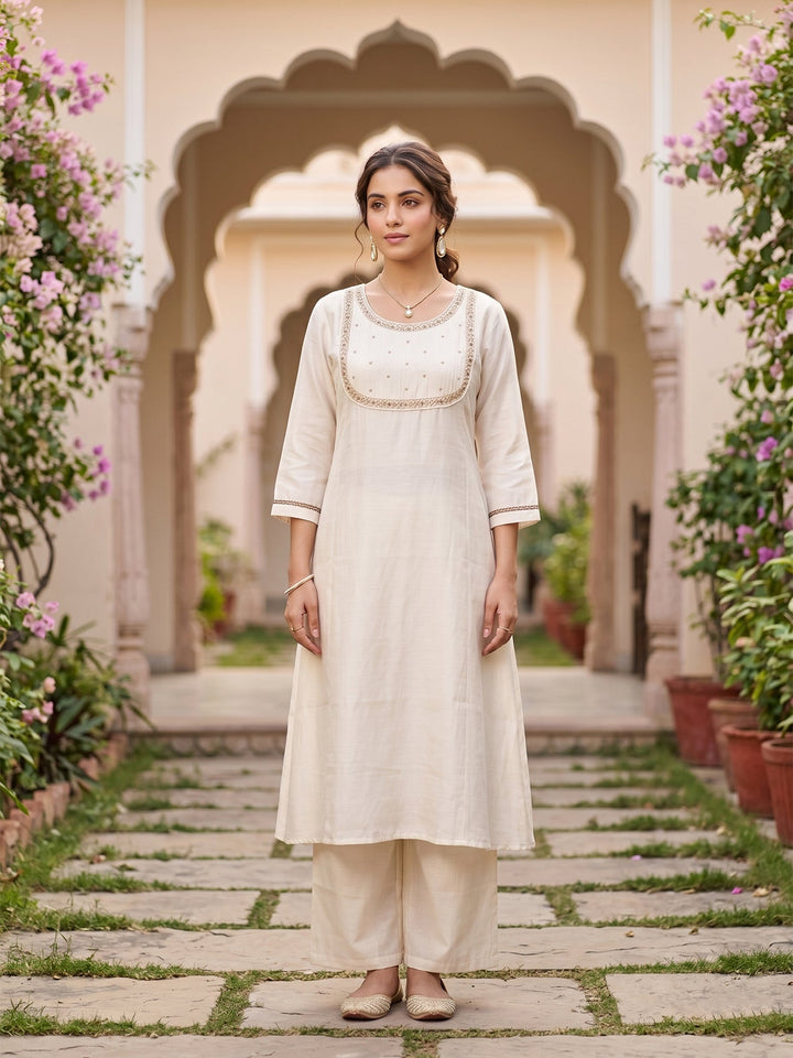Off White Cording Art Silk Readymade Salwar Suit